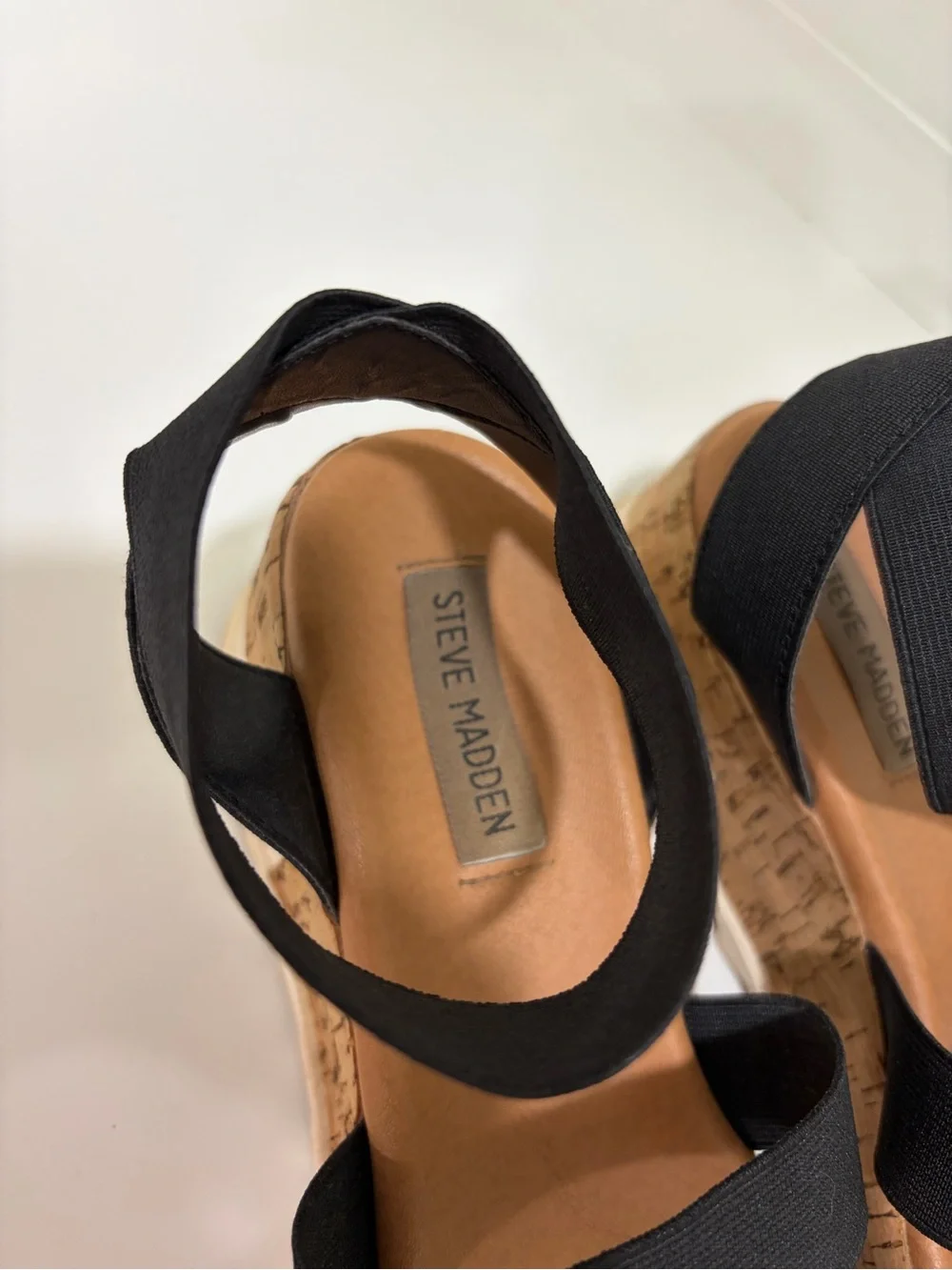 Steve Madden Black Elastic Strappy Cork-Platform Sandals